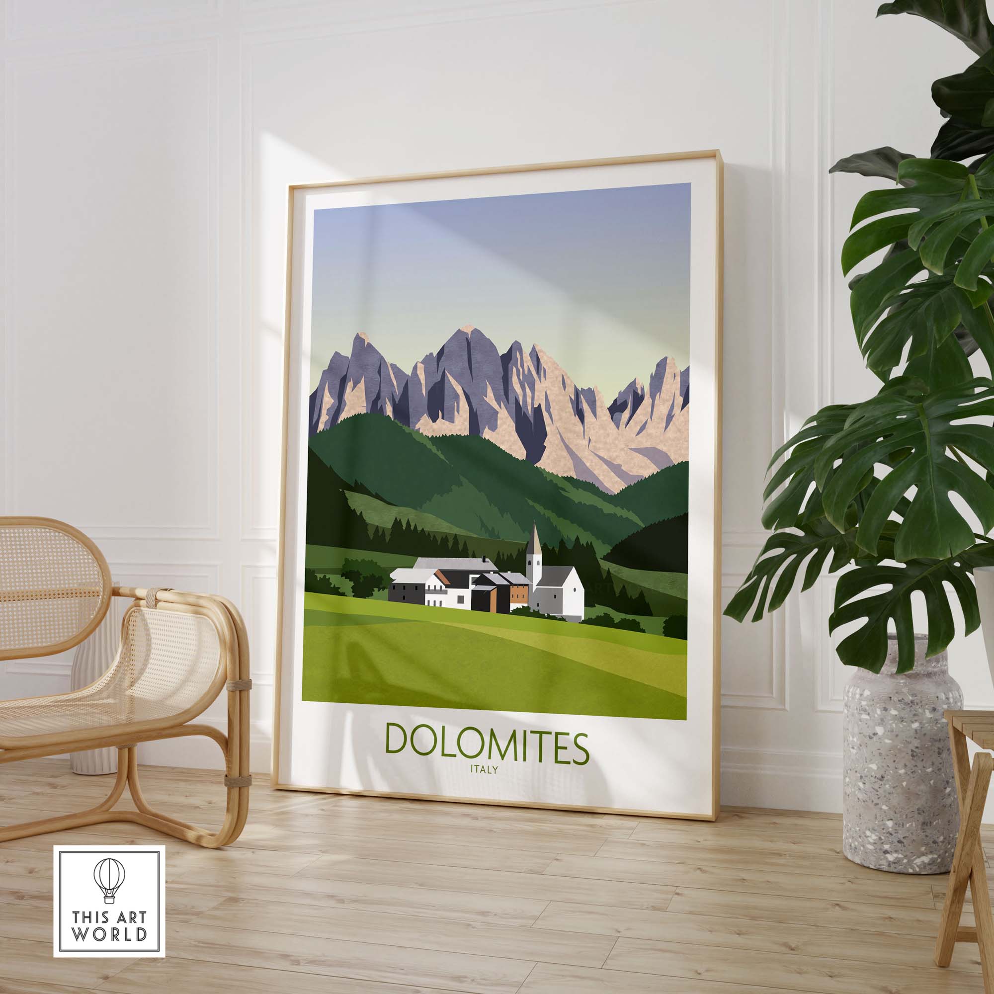 Dolomites wall art print featuring mountains and a village in Italy, perfect for home decor.