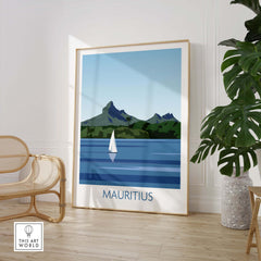Mauritius print poster featuring a sailboat and mountains in a minimalist design, ideal for stylish wall art decor.