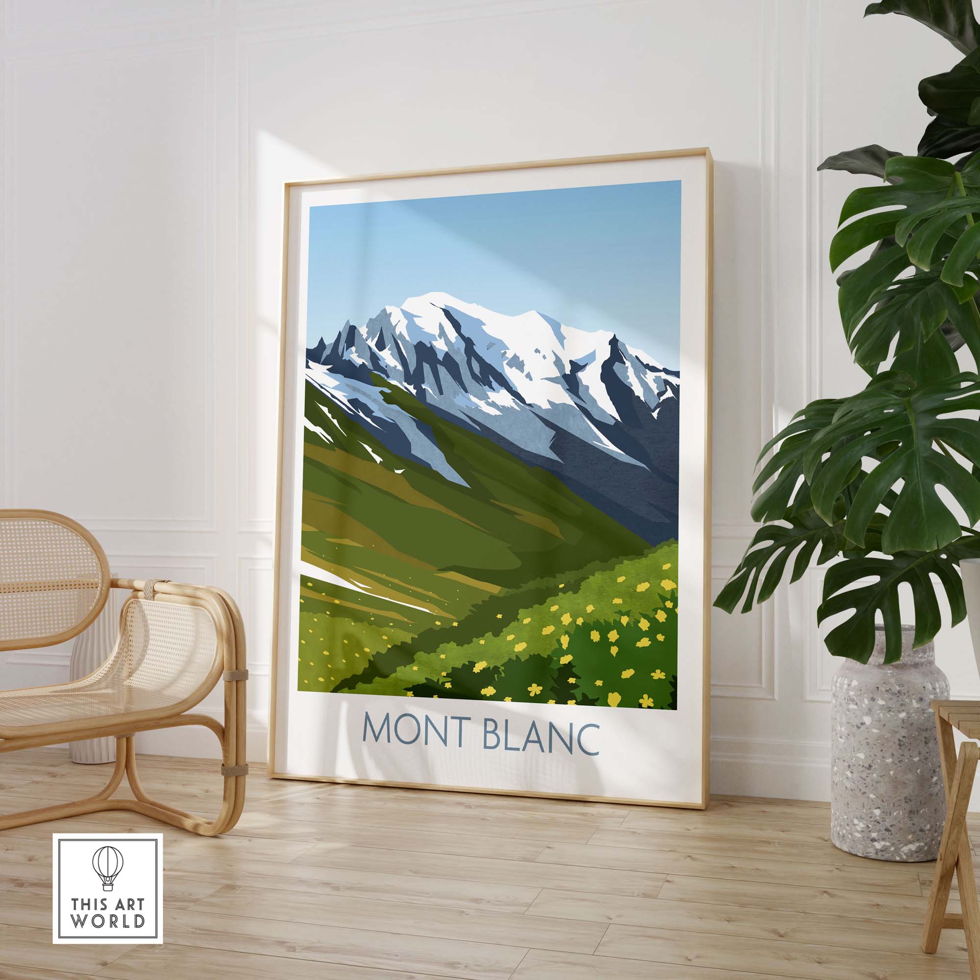 Mont Blanc Print featuring a minimalist mountain landscape in vibrant colors, perfect for stylish home or office decor.