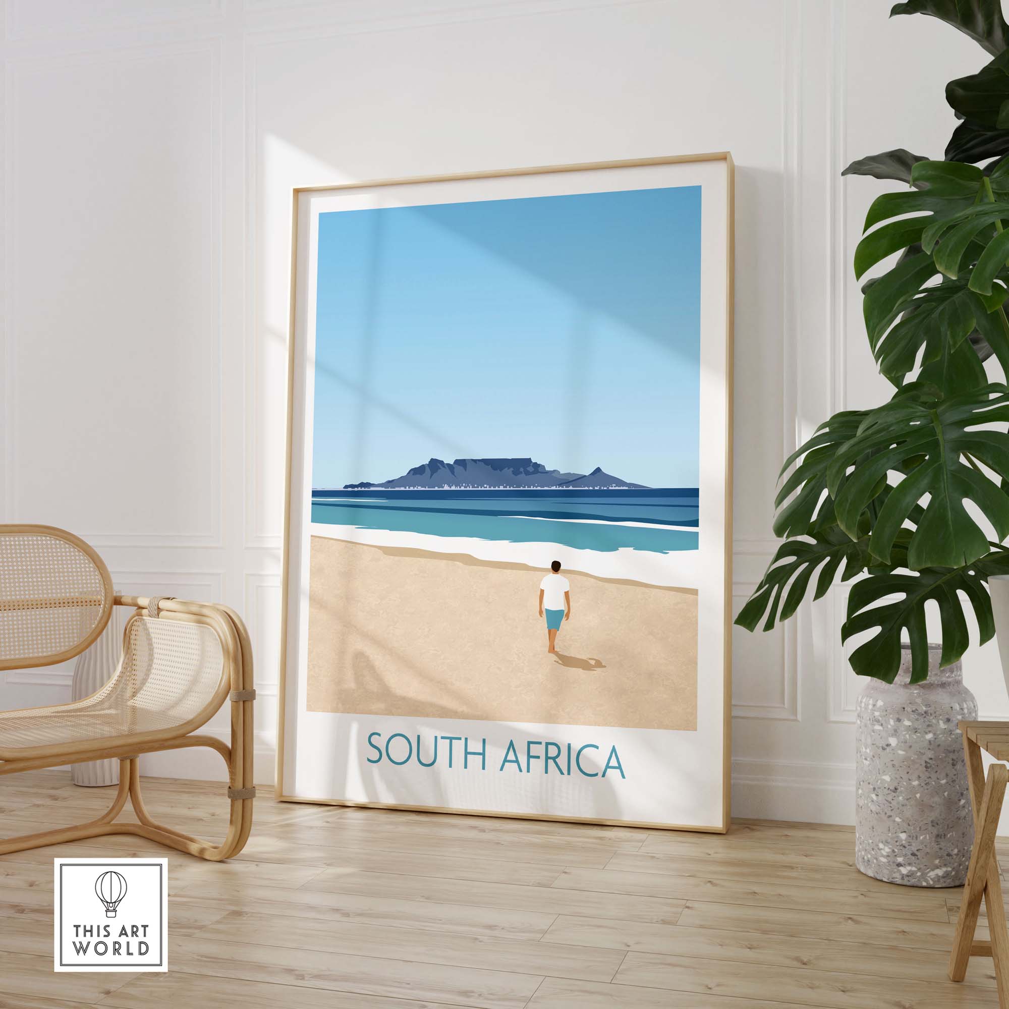 South Africa wall art print featuring a serene beach scene with Table Mountain in the background.