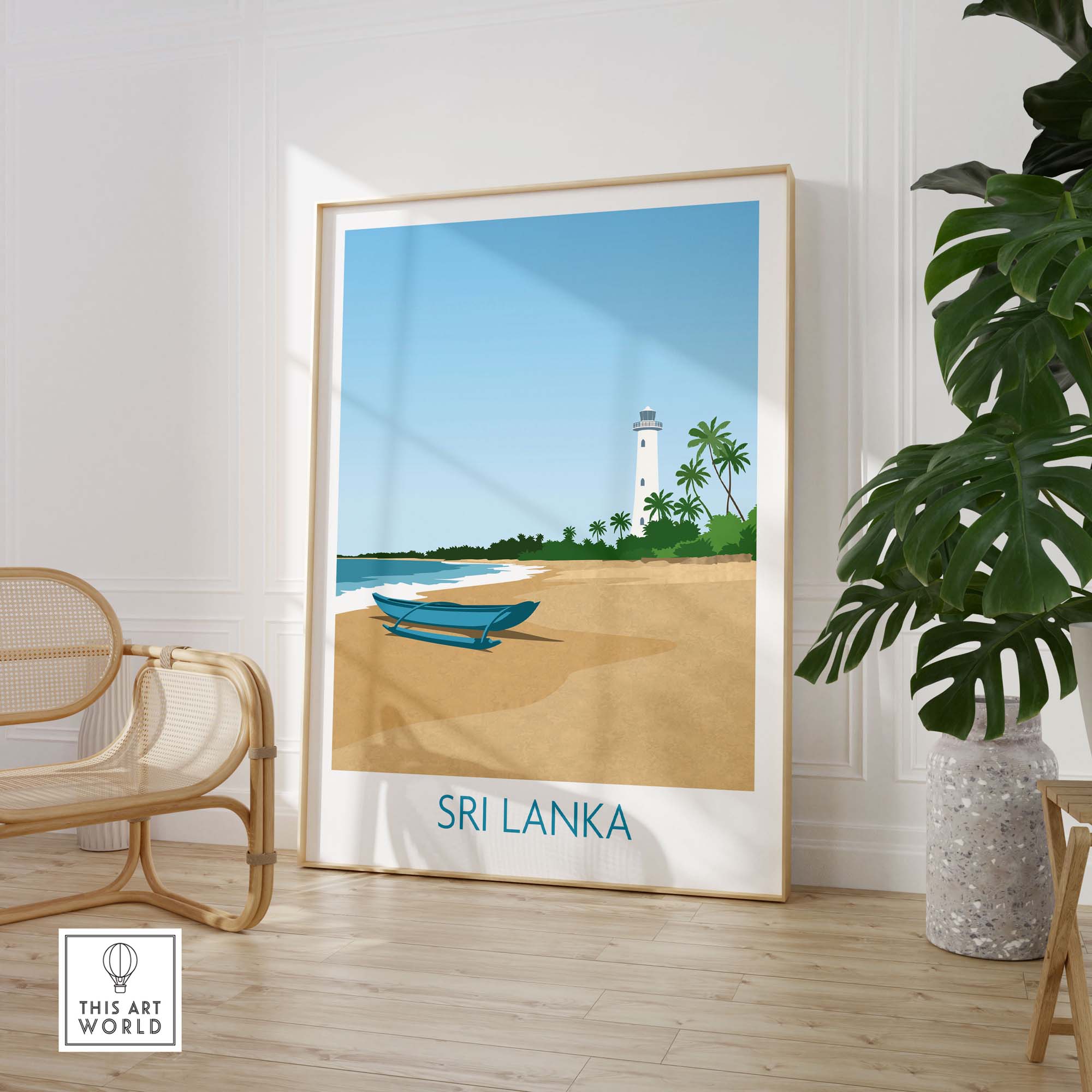 Sri Lanka wall art print featuring a blue boat on a sandy beach and lighthouse, minimalist vintage travel poster.
