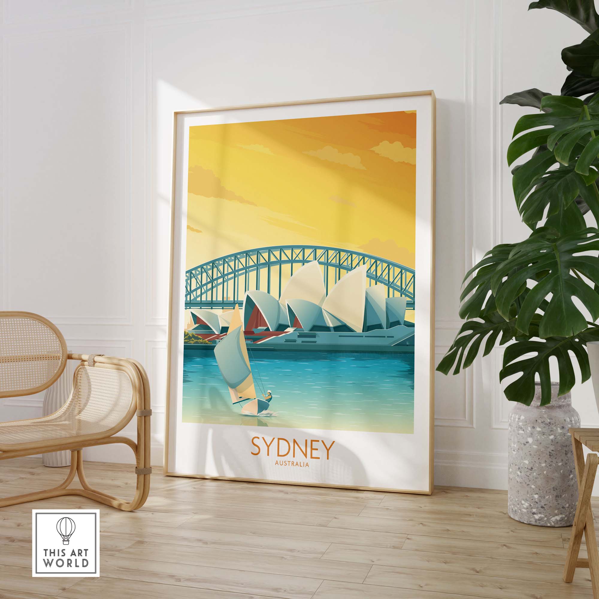 Sydney Australia vintage travel poster featuring sailboats and the iconic Harbour Bridge, framed in a stylish interior.