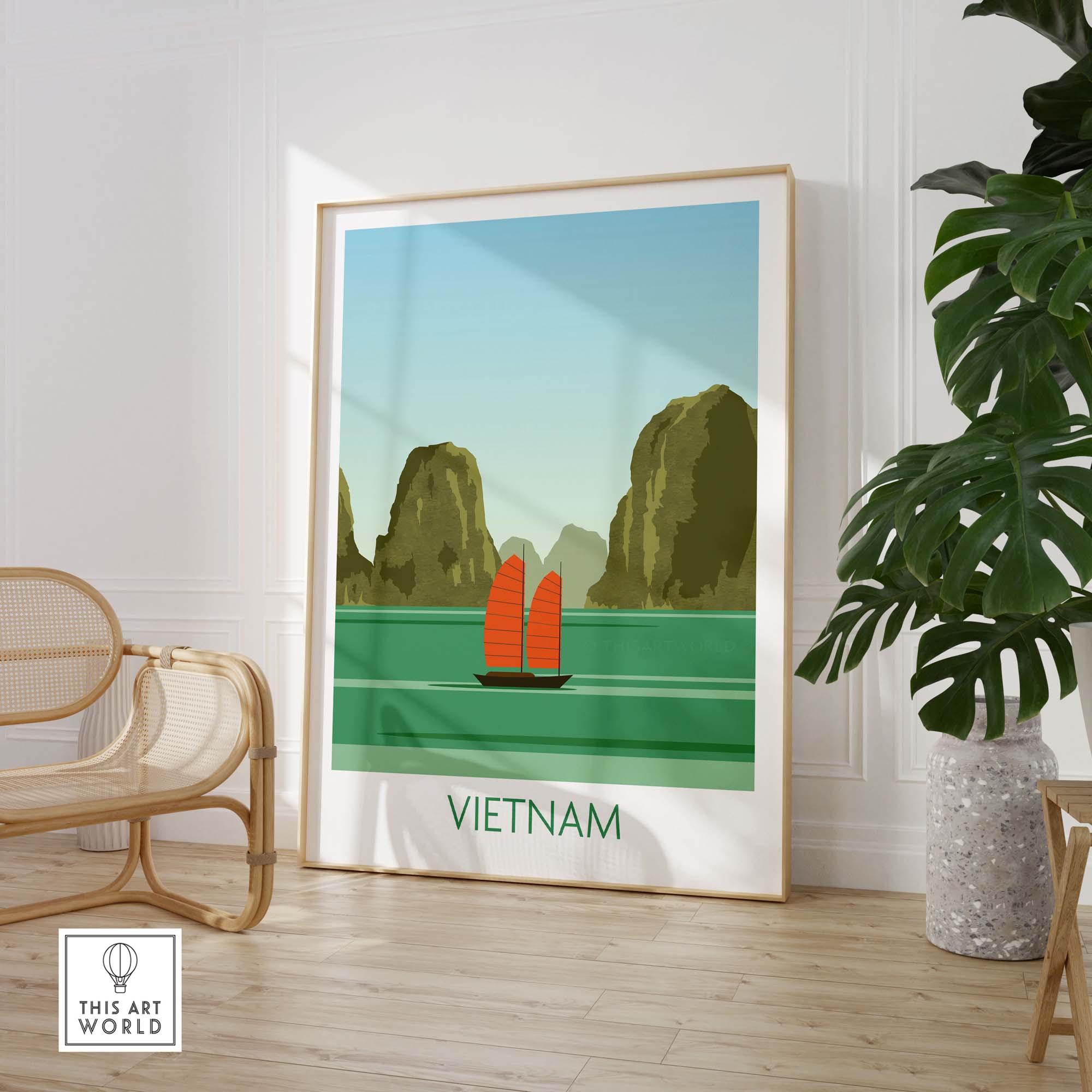 Vietnam print showcasing a serene landscape, inspired by vintage travel poster art, framed in a stylish room.