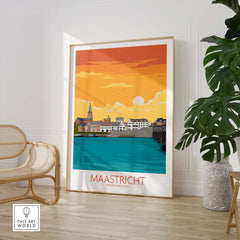 Maastricht Travel Poster featuring vibrant sunset and river view, perfect for home or office wall art.
