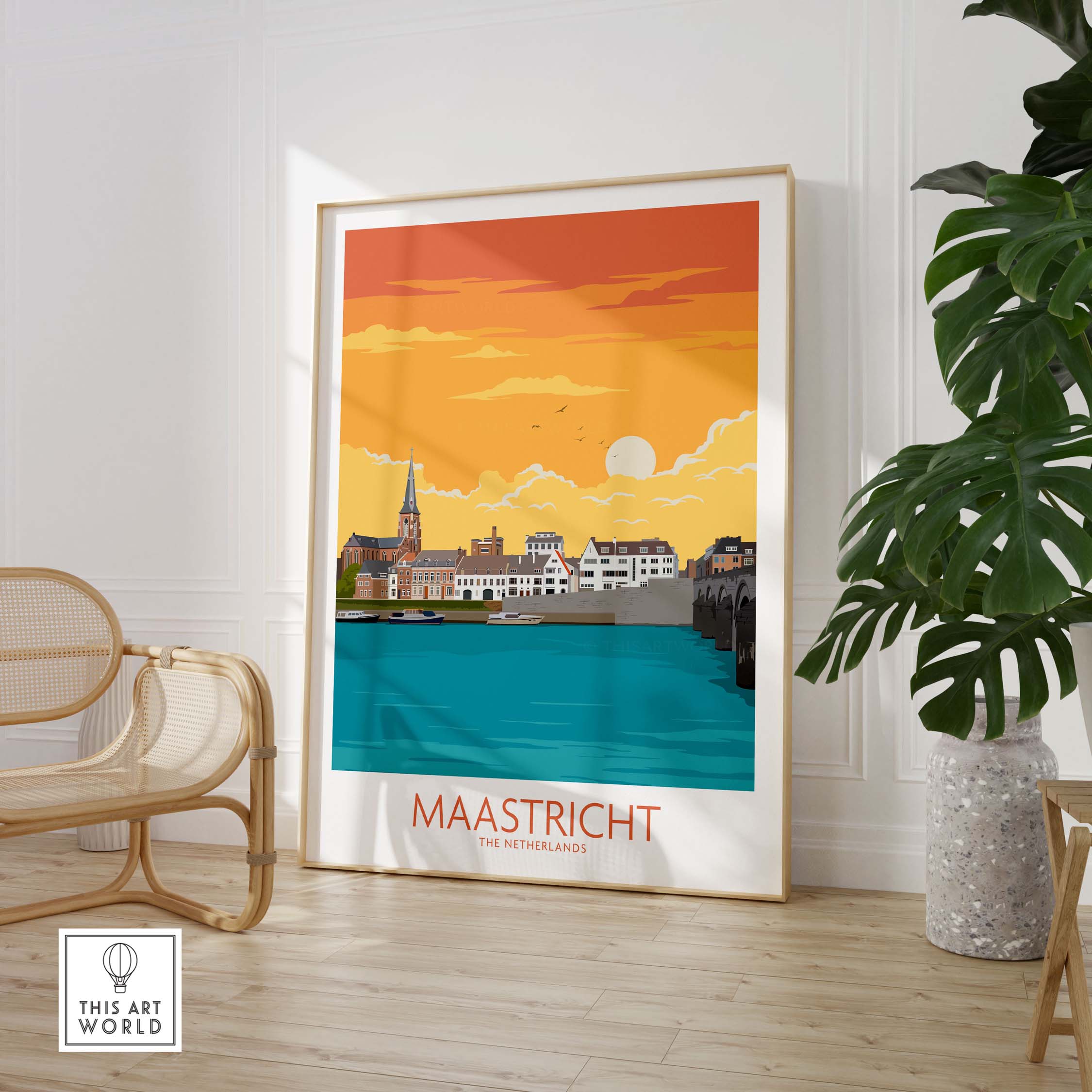 Maastricht Travel Poster featuring vibrant sunset and river view, perfect for home or office wall art.