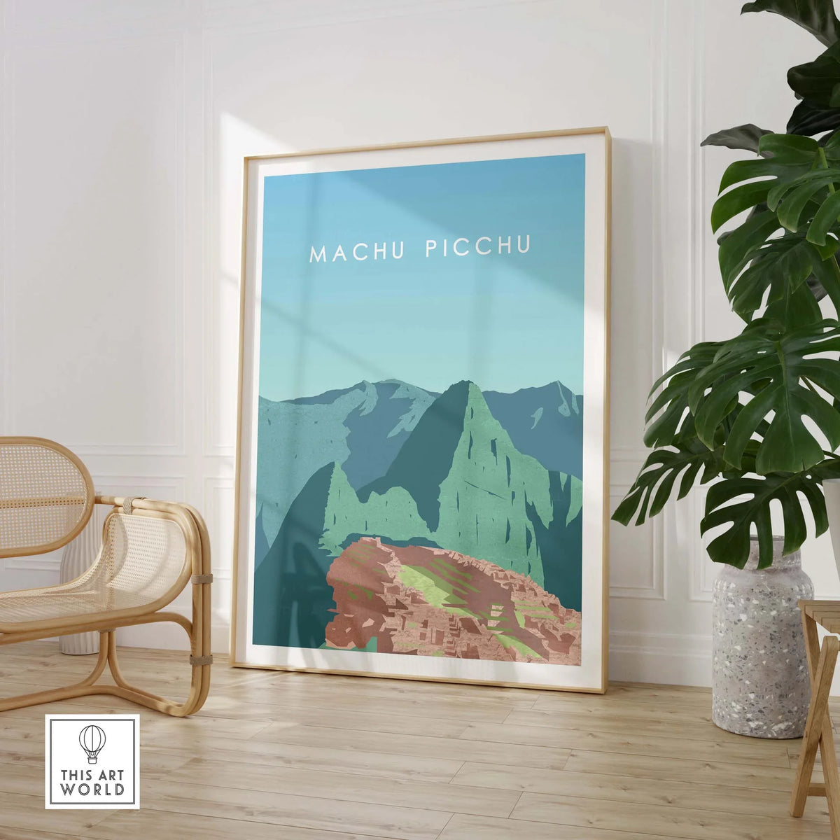 Machu Picchu wall art poster showcasing vibrant vintage-inspired design in a stylish interior setting.