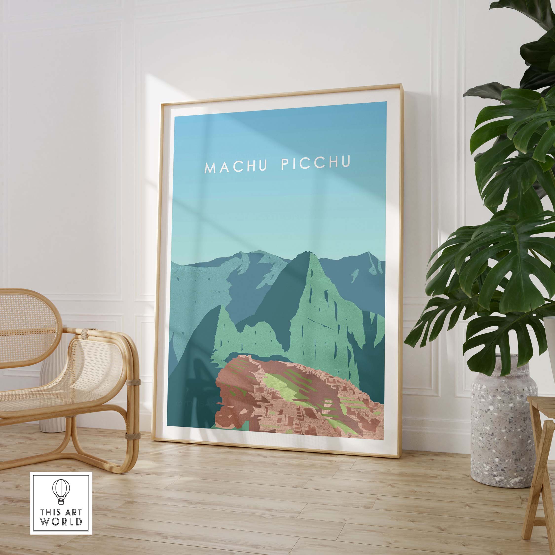 Machu Picchu wall art poster showcasing vibrant vintage-inspired design in a stylish interior setting.