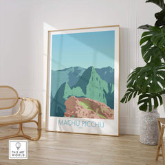 Machu Picchu print featuring a vintage design, framed artwork showcasing the iconic Peru landscape in stylish decor.