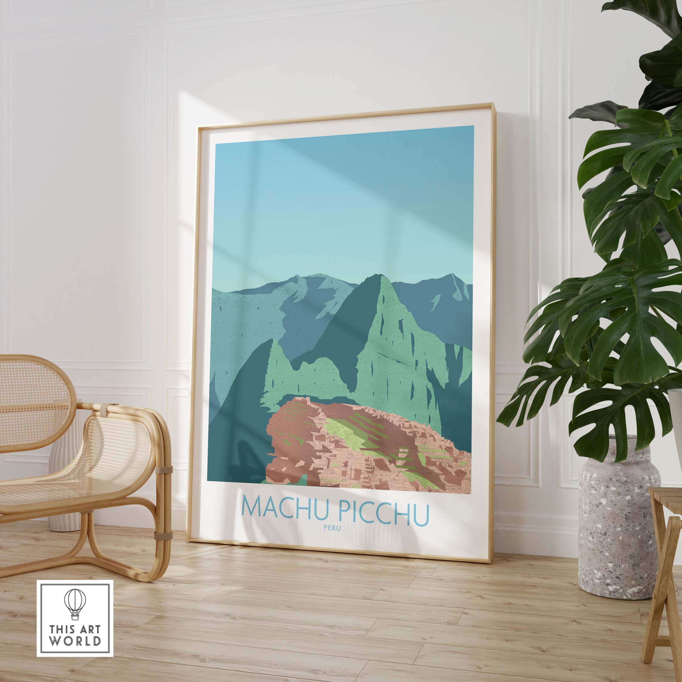Machu Picchu print featuring a vintage design, framed artwork showcasing the iconic Peru landscape in stylish decor.