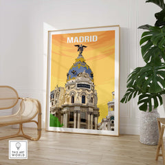 Vintage Madrid print poster art featuring the iconic Metropolis building in warm colors.