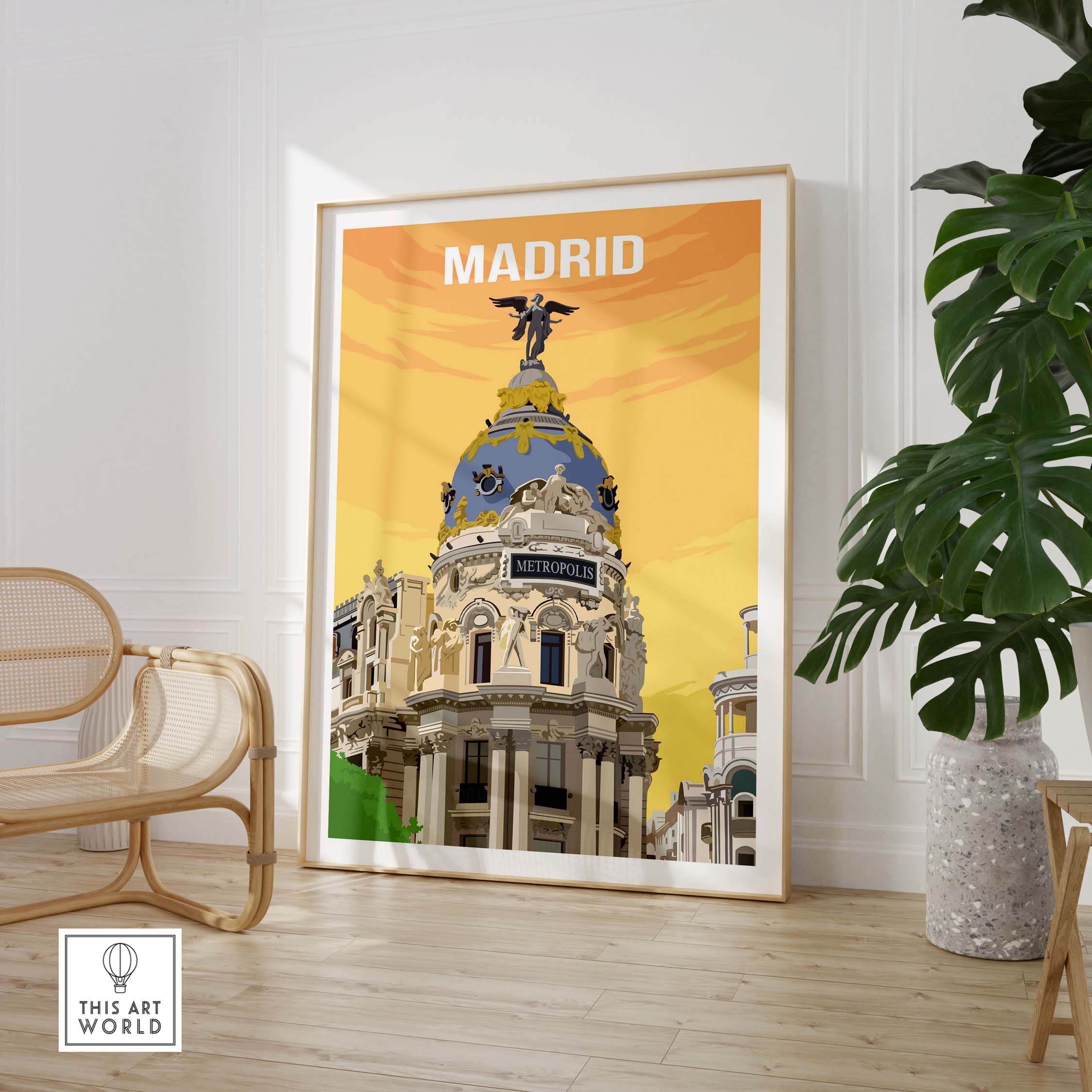 Vintage Madrid print poster art featuring the iconic Metropolis building in warm colors.