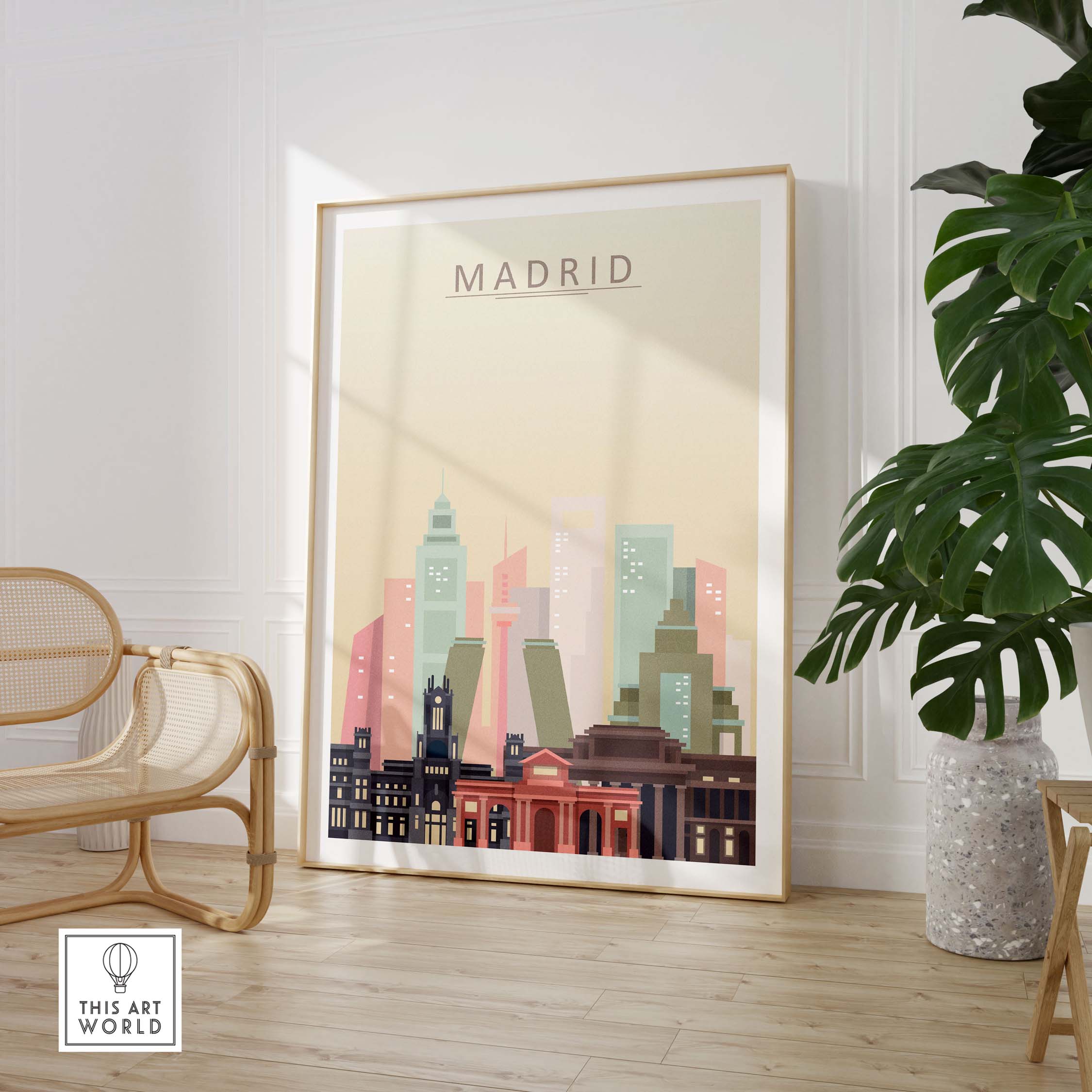 Framed Madrid skyline print in pastel colors, perfect for stylish wall art in home or office decor.