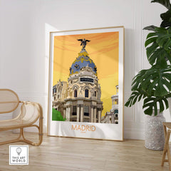 Madrid Print poster featuring the Metropolis building with a vibrant yellow background, perfect for travel-inspired decor.