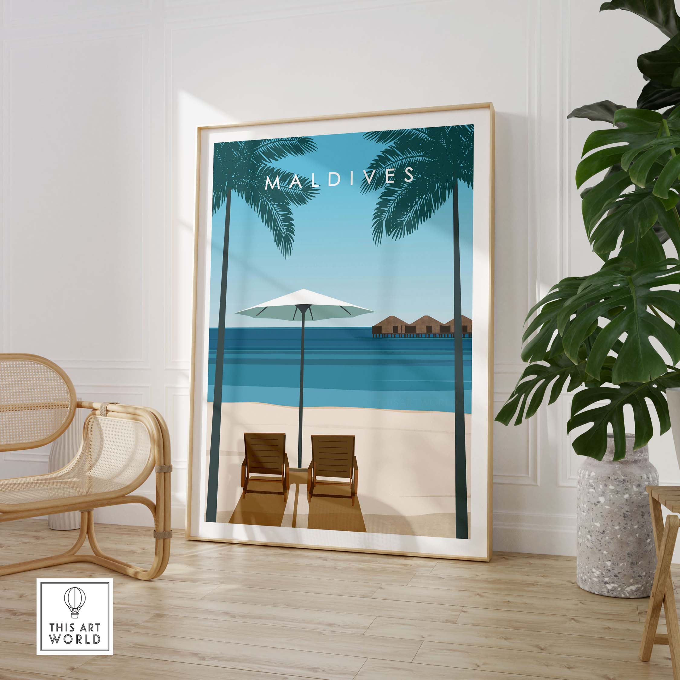 Maldives poster showcasing a tropical paradise with palm trees, beach chairs, and crystal clear waters.