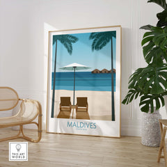 Maldives print featuring a beach scene with palm trees, sun loungers, and ocean view, perfect for home decor.