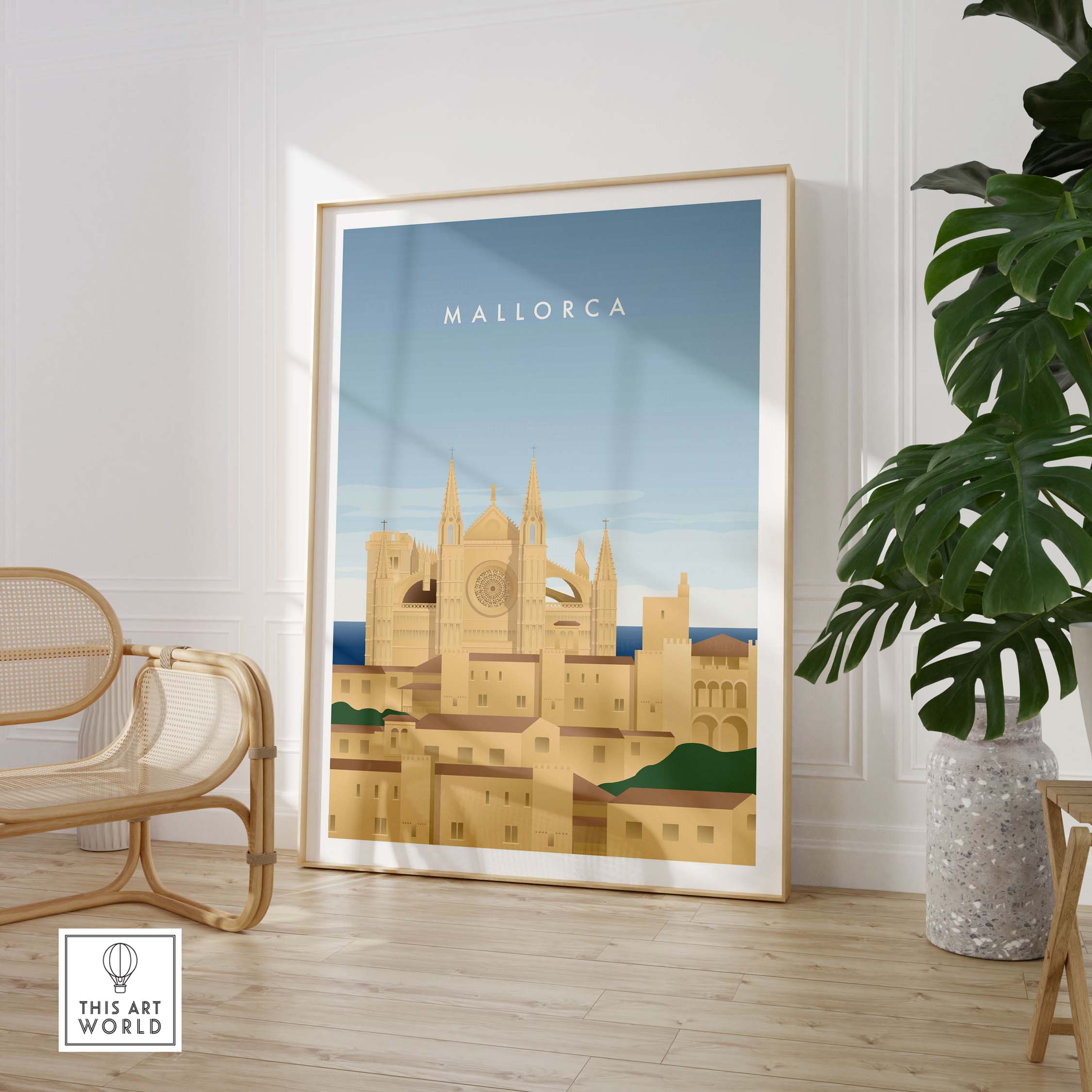 Mallorca wall art poster featuring a vintage-inspired design of the island's iconic architecture and vibrant scenery.
