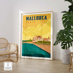 Vintage Mallorca Spain travel print featuring colorful landscapes and Mediterranean architecture.