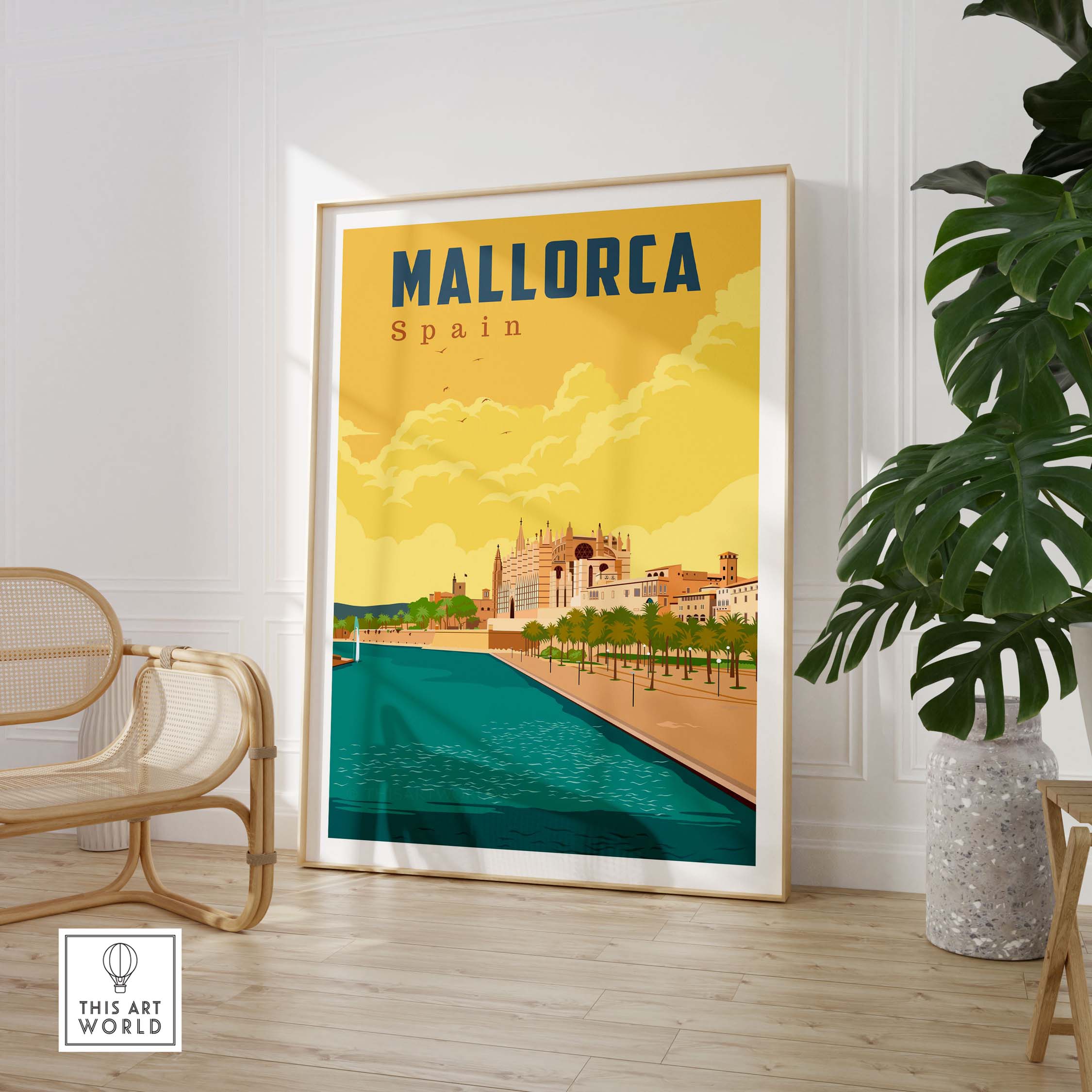 Vintage Mallorca Spain travel print featuring colorful landscapes and Mediterranean architecture.