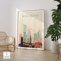 Manchester City skyline print in pastel tones, showcasing iconic buildings and landmarks, perfect for wall art decor.