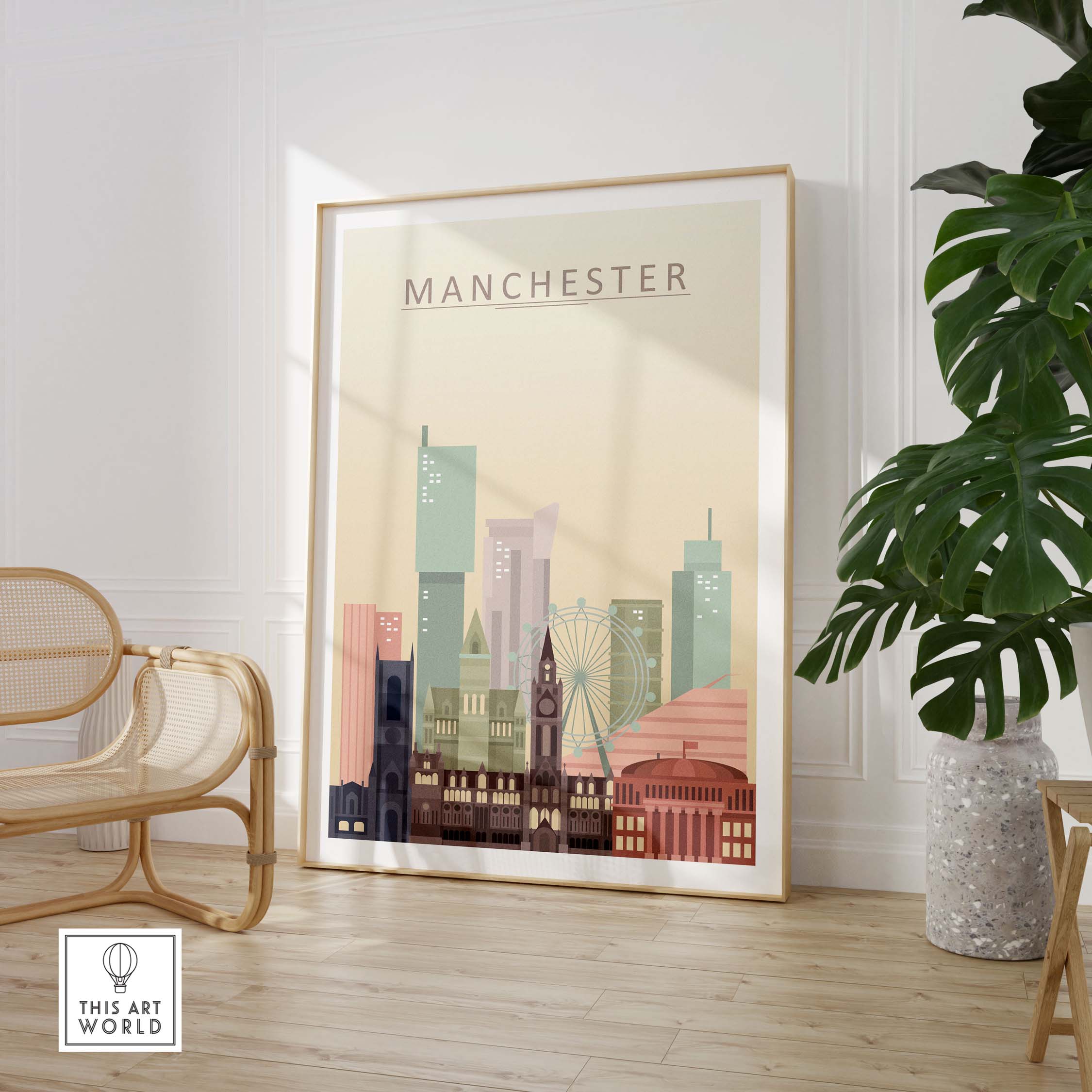 Manchester City skyline print in pastel tones, showcasing iconic buildings and landmarks, perfect for wall art decor.