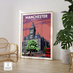 Manchester Poster Print featuring a vintage design of a historical building with a red bus, perfect for stylish wall art.