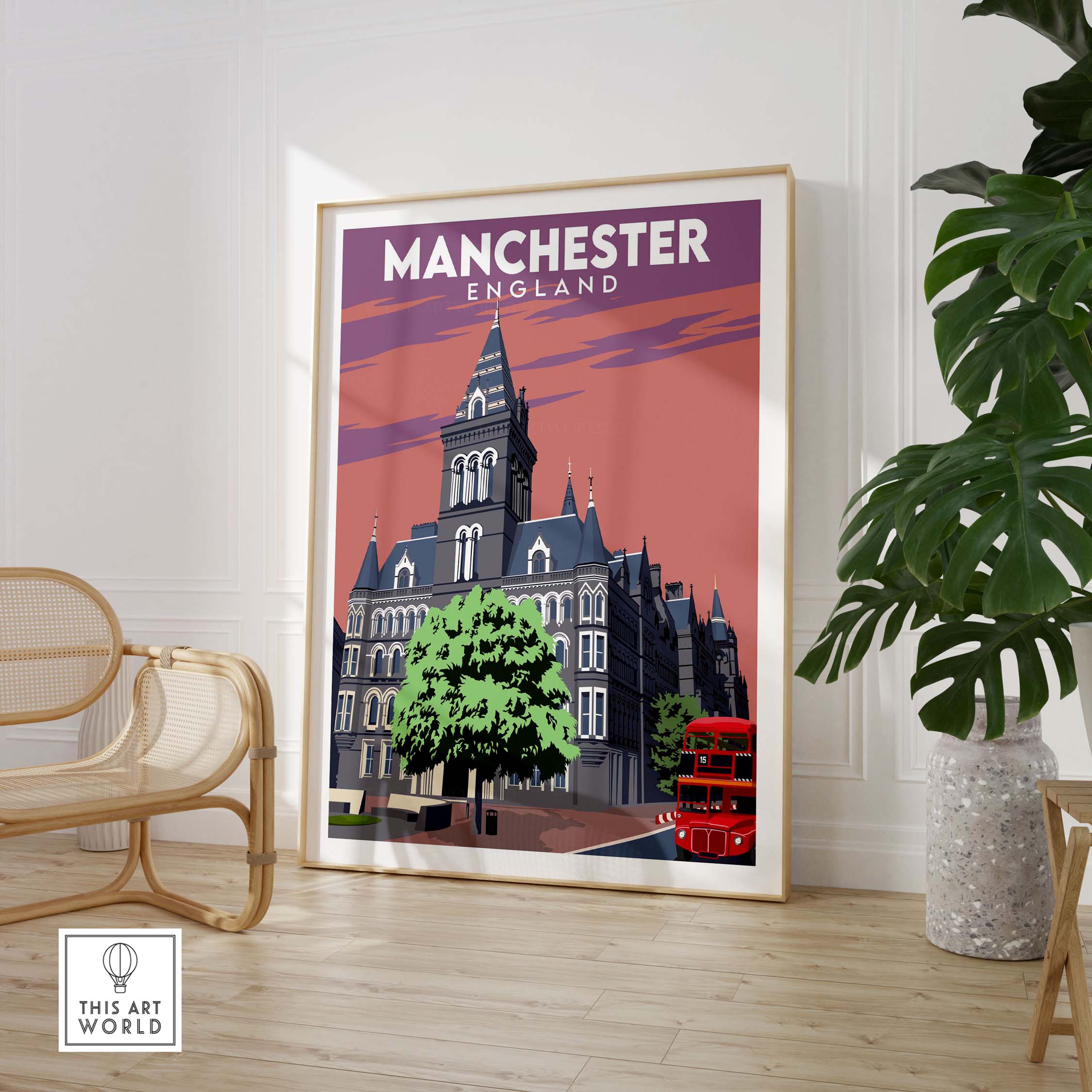 Manchester Poster Print featuring a vintage design of a historical building with a red bus, perfect for stylish wall art.