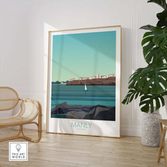 Framed Manly Wall Art Australia travel poster featuring coastal landscape and sailboat, perfect for stylish decor.