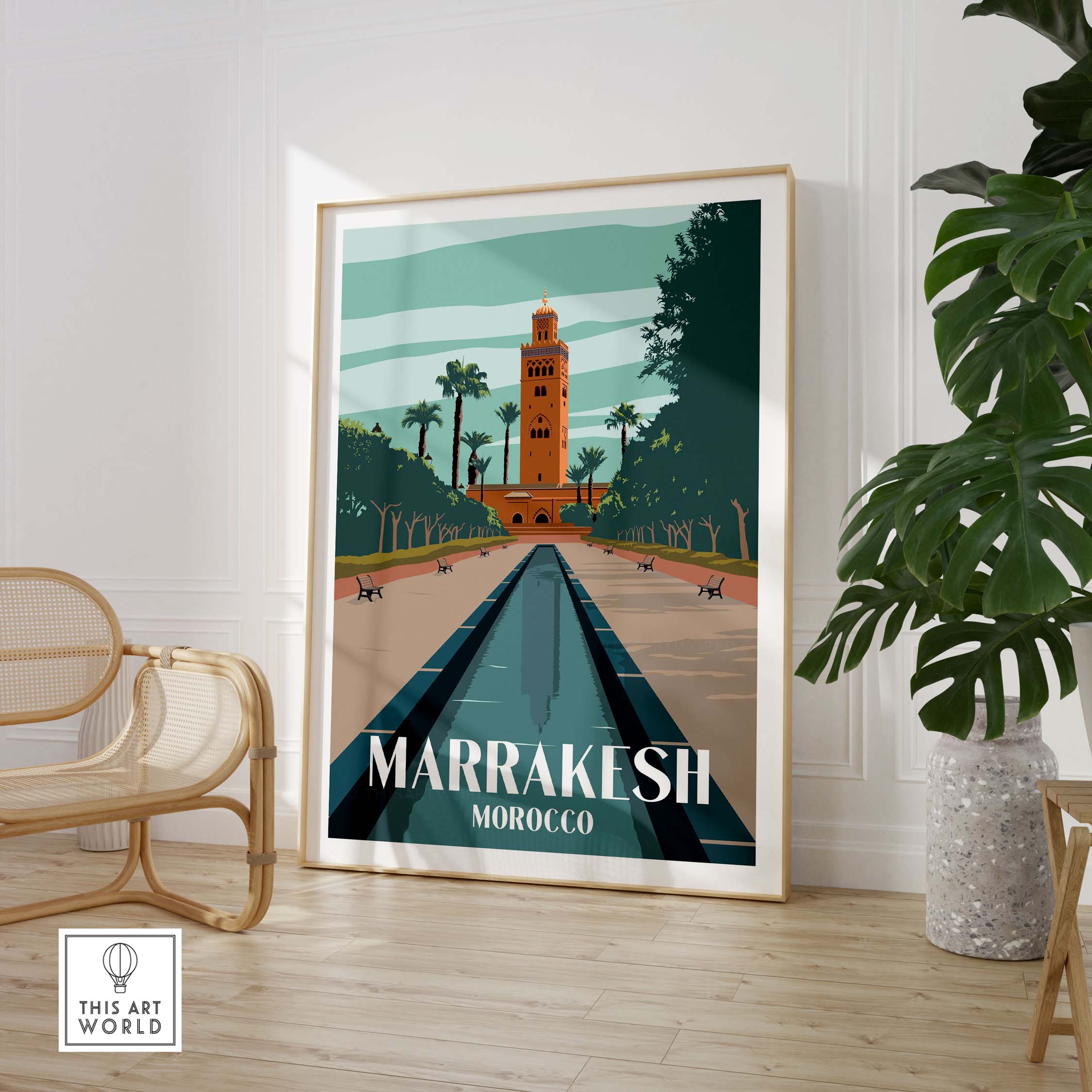 Marrakesh Print Morocco Poster showcasing vintage travel art in a stylish interior setting.