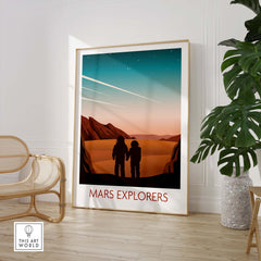 Mars Explorers poster print showcasing two figures against a Martian landscape, designed for stylish wall art.