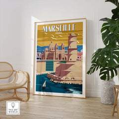 Marseille Print France featuring vintage-inspired travel poster art in a stylish living room setting.
