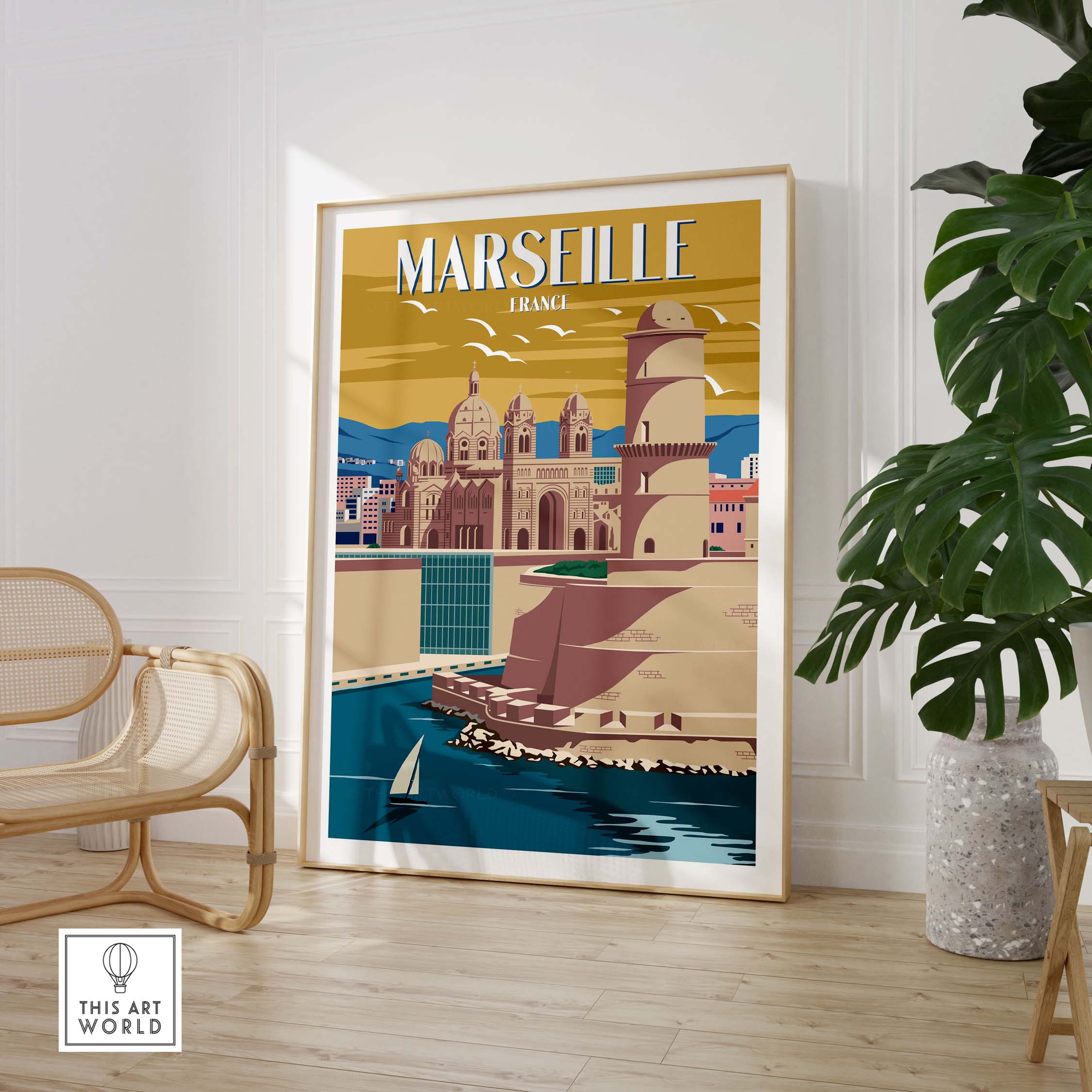 Marseille Print France featuring vintage-inspired travel poster art in a stylish living room setting.
