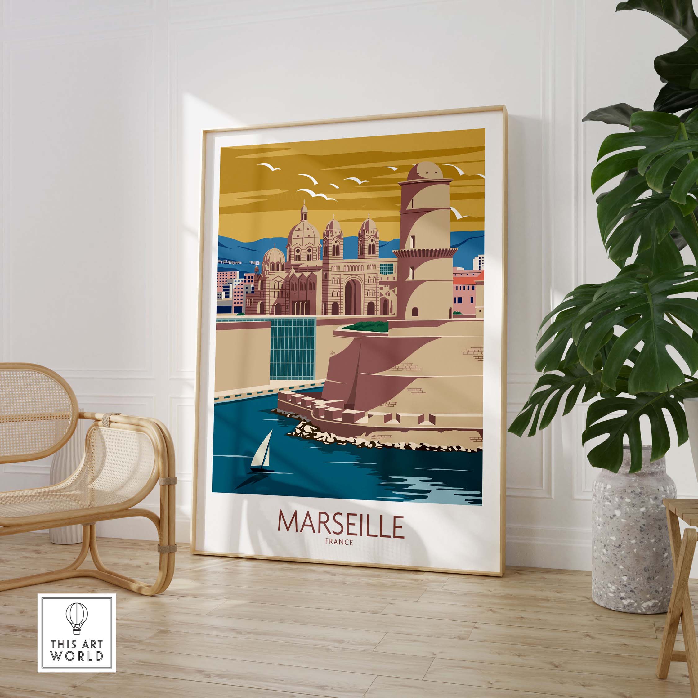 Marseille Poster France Wall Art featuring vintage-style design of scenery and architecture