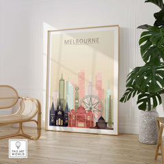 Melbourne Skyline Print showing iconic buildings in warm pastel tones, perfect for city wall art decor.