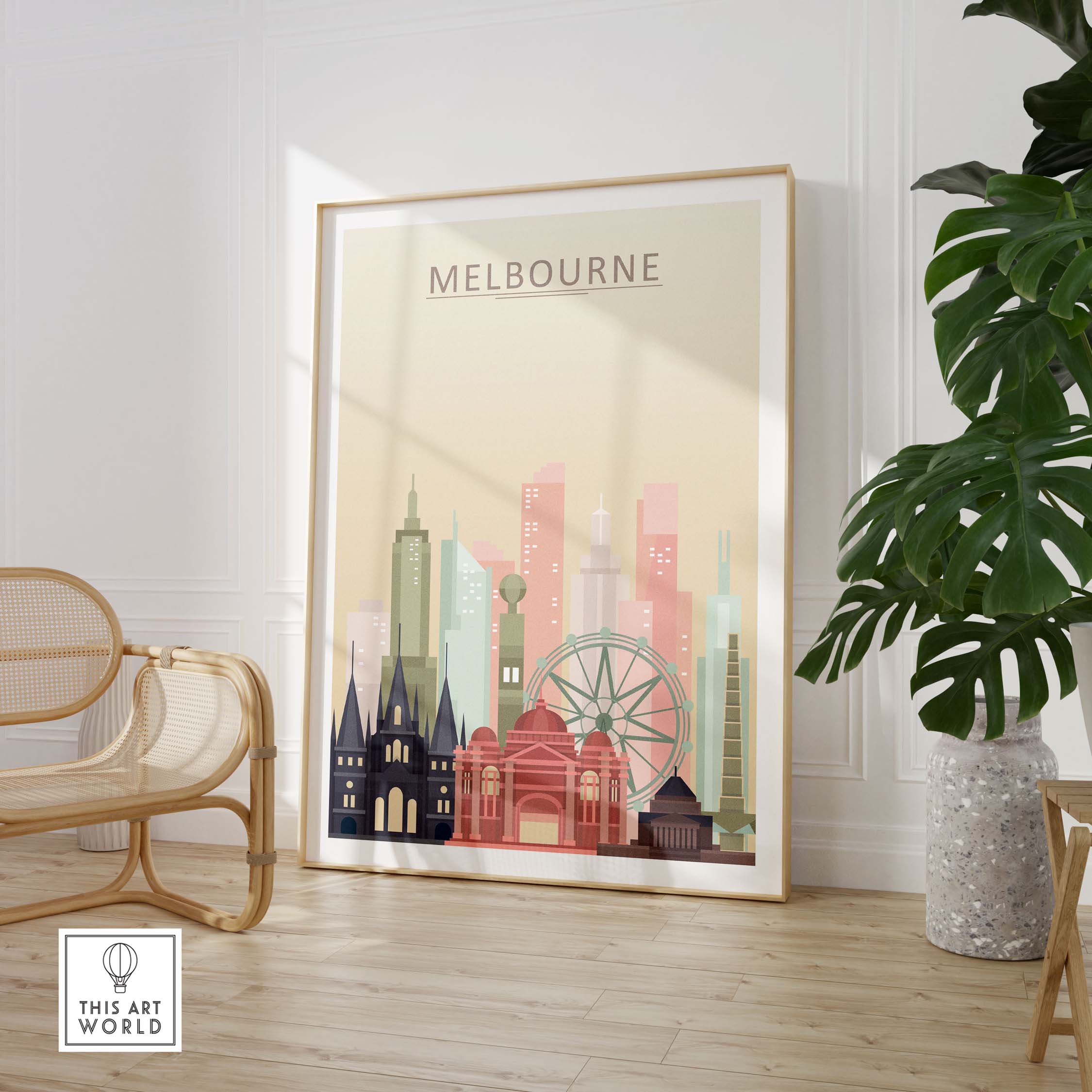 Melbourne Skyline Print showing iconic buildings in warm pastel tones, perfect for city wall art decor.