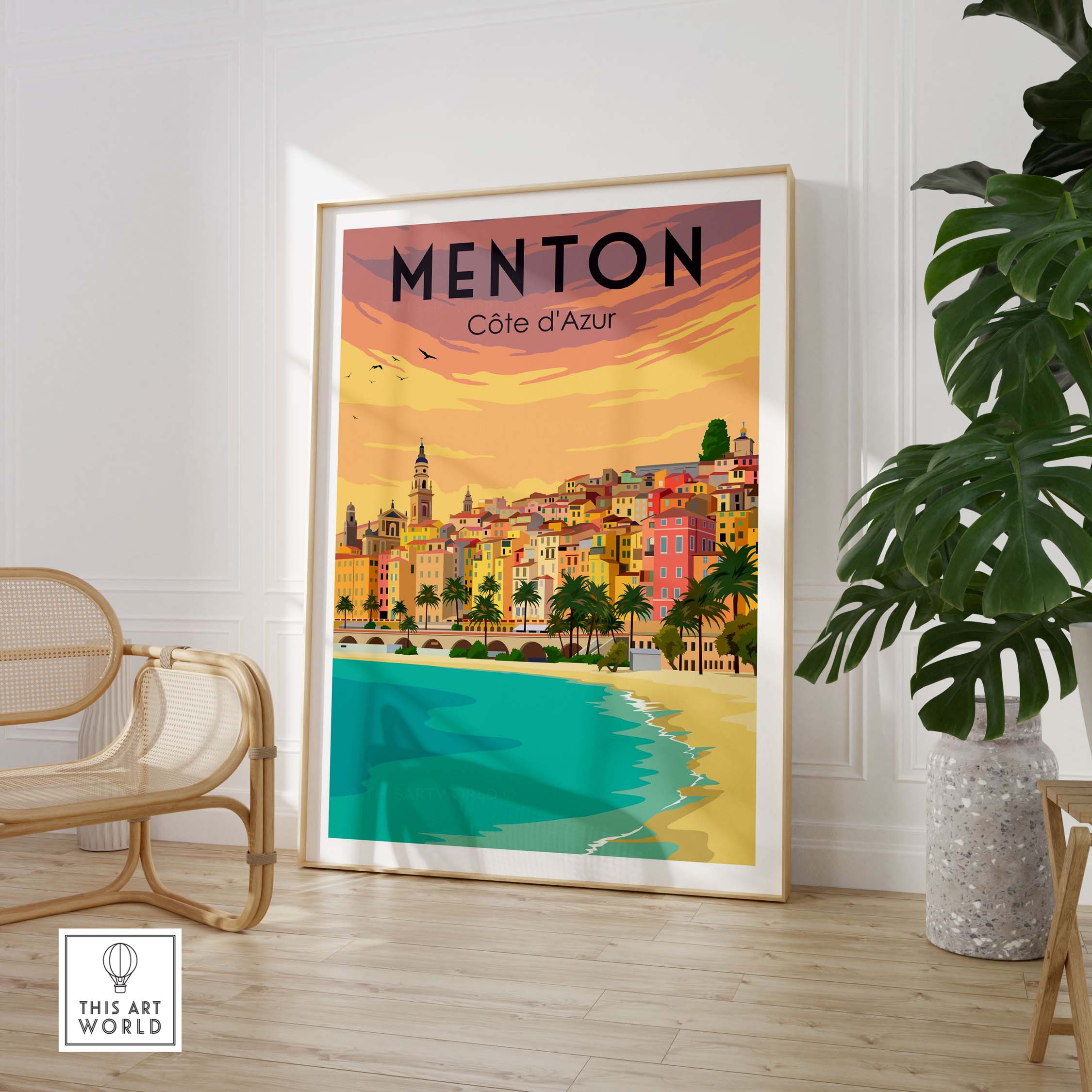Vintage Menton France print poster showcasing colorful buildings and a seascape, perfect for travel enthusiasts.