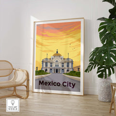 Mexico City Print Poster featuring Palacio de Bellas Artes, vibrant colors, styled wall art for home or office decor.