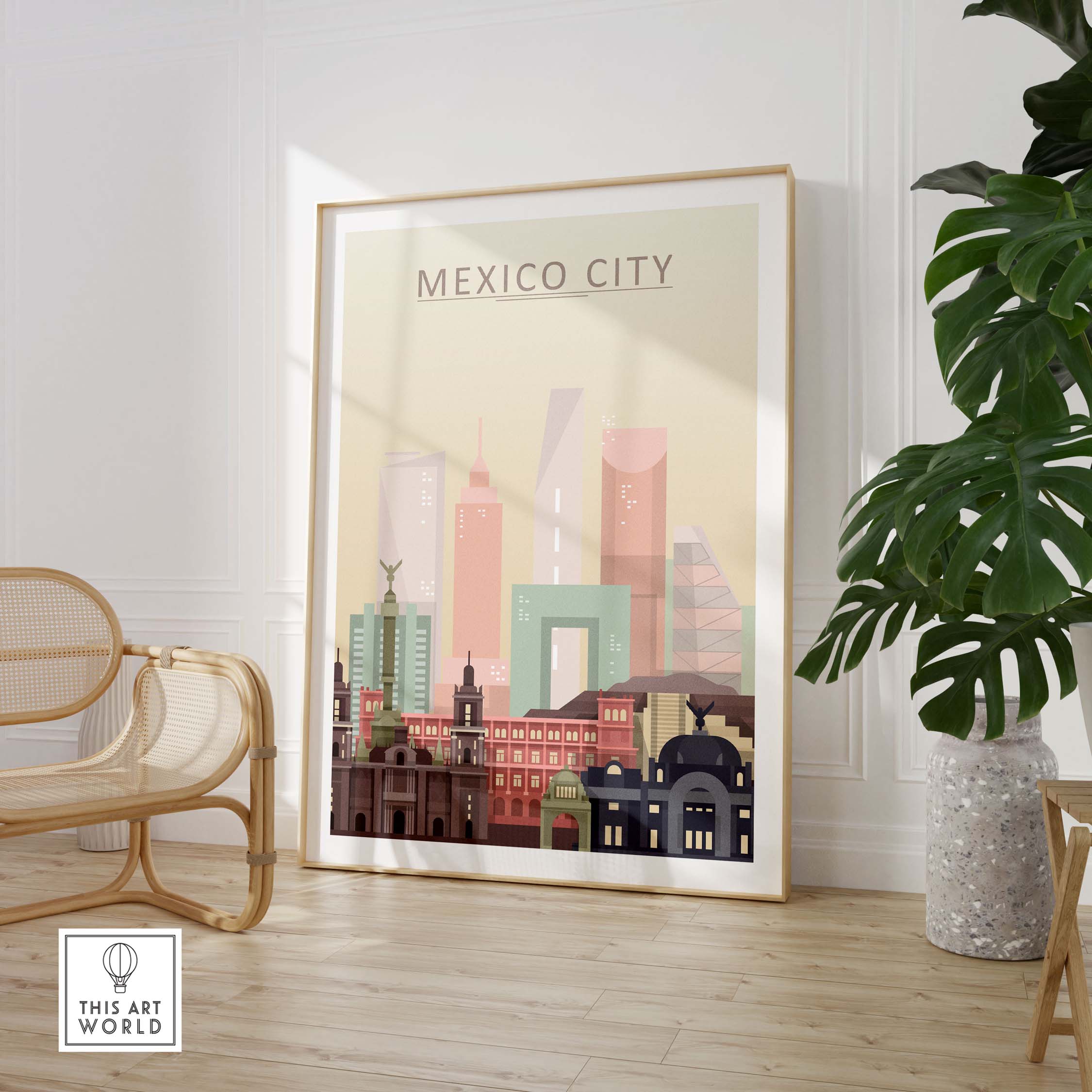 Mexico City skyline wall art print showcasing iconic buildings in warm pastel tones, framed in a stylish interior.