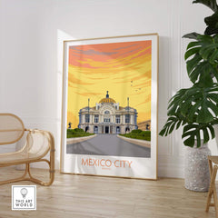 Mexico City Poster Print featuring an illustration of a historic building with vibrant sunset colors.