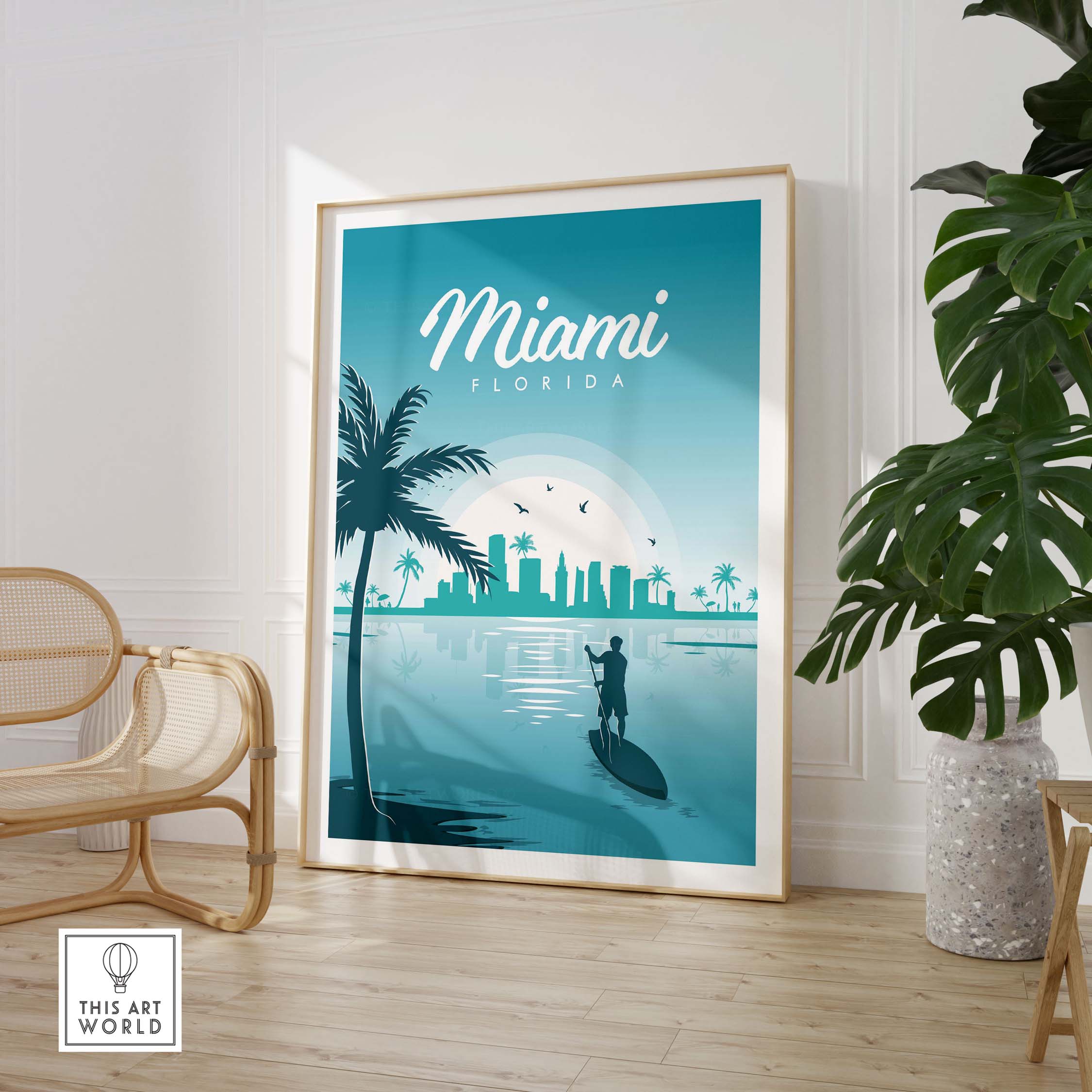 Miami Poster Wall Art Print featuring a serene paddleboard scene and palm trees, perfect for home decor.
