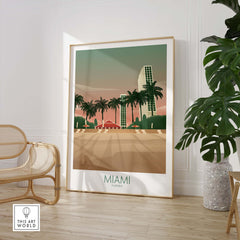 Miami Wall Art Poster Print featuring vintage-inspired design with palm trees and skyline, perfect for home decor.