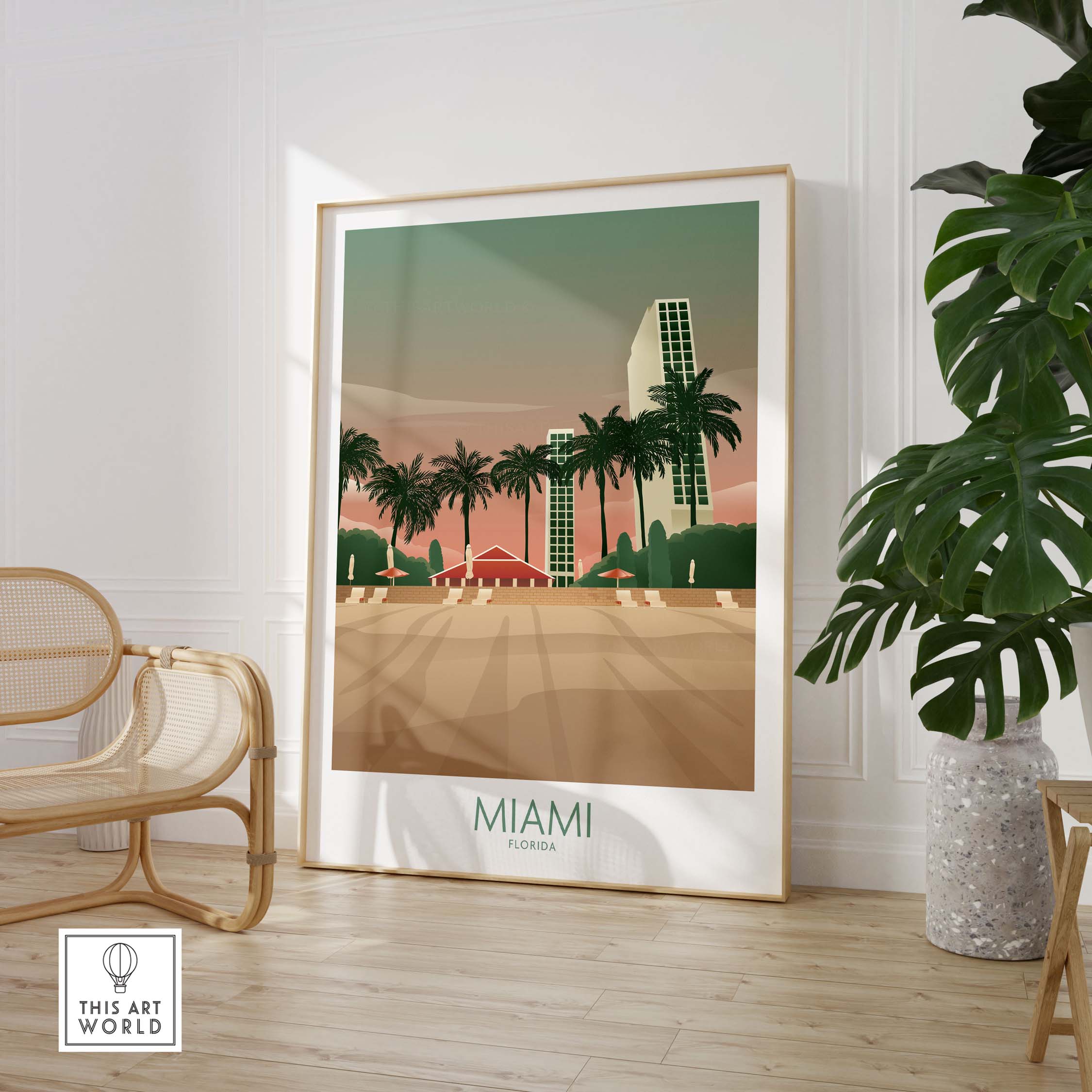 Miami Wall Art Poster Print featuring vintage-inspired design with palm trees and skyline, perfect for home decor.
