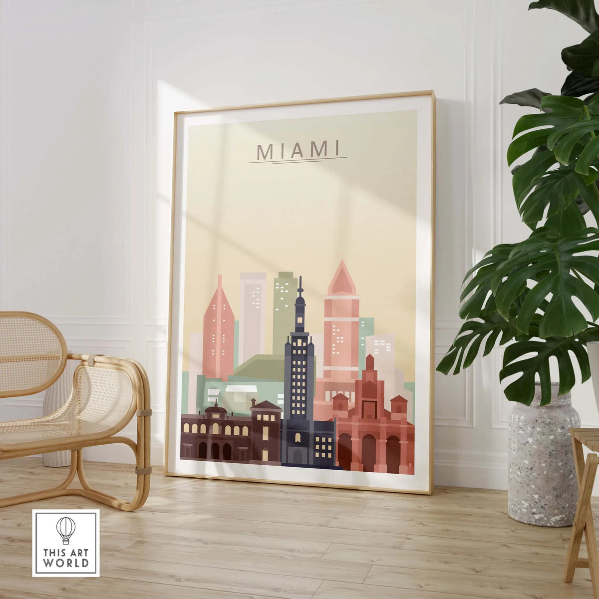 Miami Skyline Wall Art Print in pastel colors, showcasing iconic buildings in a stylish interior setting.