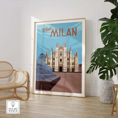 Vintage Milan print poster wall art featuring the iconic Duomo cathedral in a stylish interior setting.