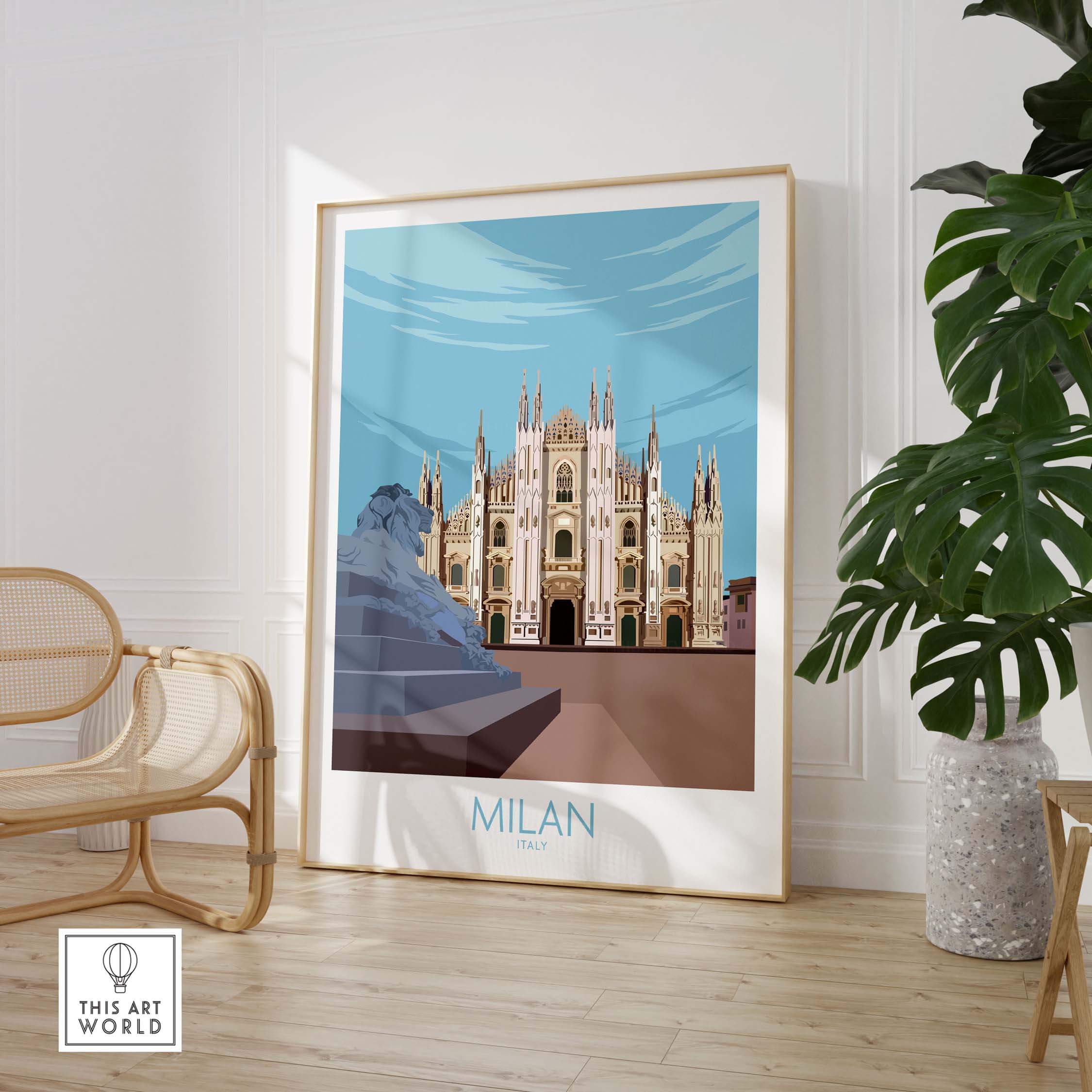 Milan Print Italy Poster featuring a stylish illustration of Milan's stunning architecture in a modern interior setting.