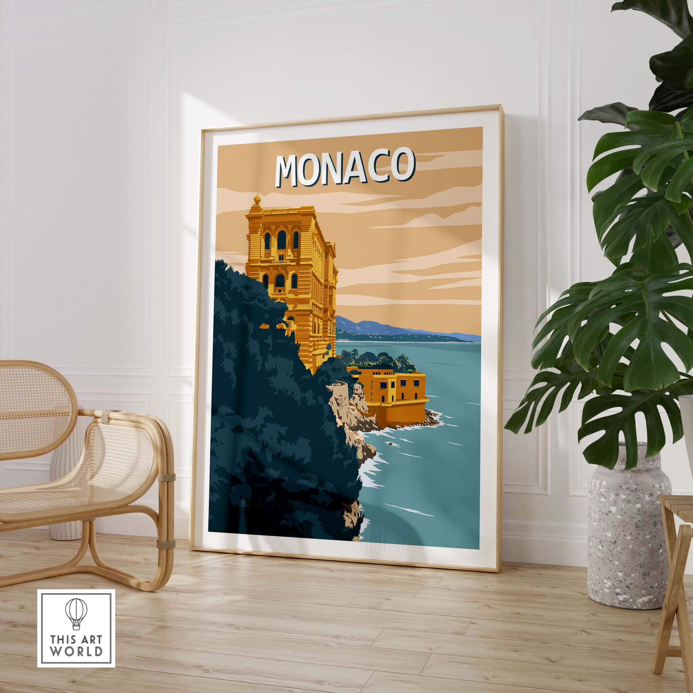 Monaco Wall Art Print featuring a coastal view in a minimalist vintage style, perfect for travel enthusiasts.