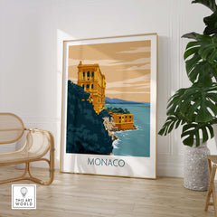 Monaco Poster Print featuring vintage-inspired artwork of coastal architecture in a minimalist style.