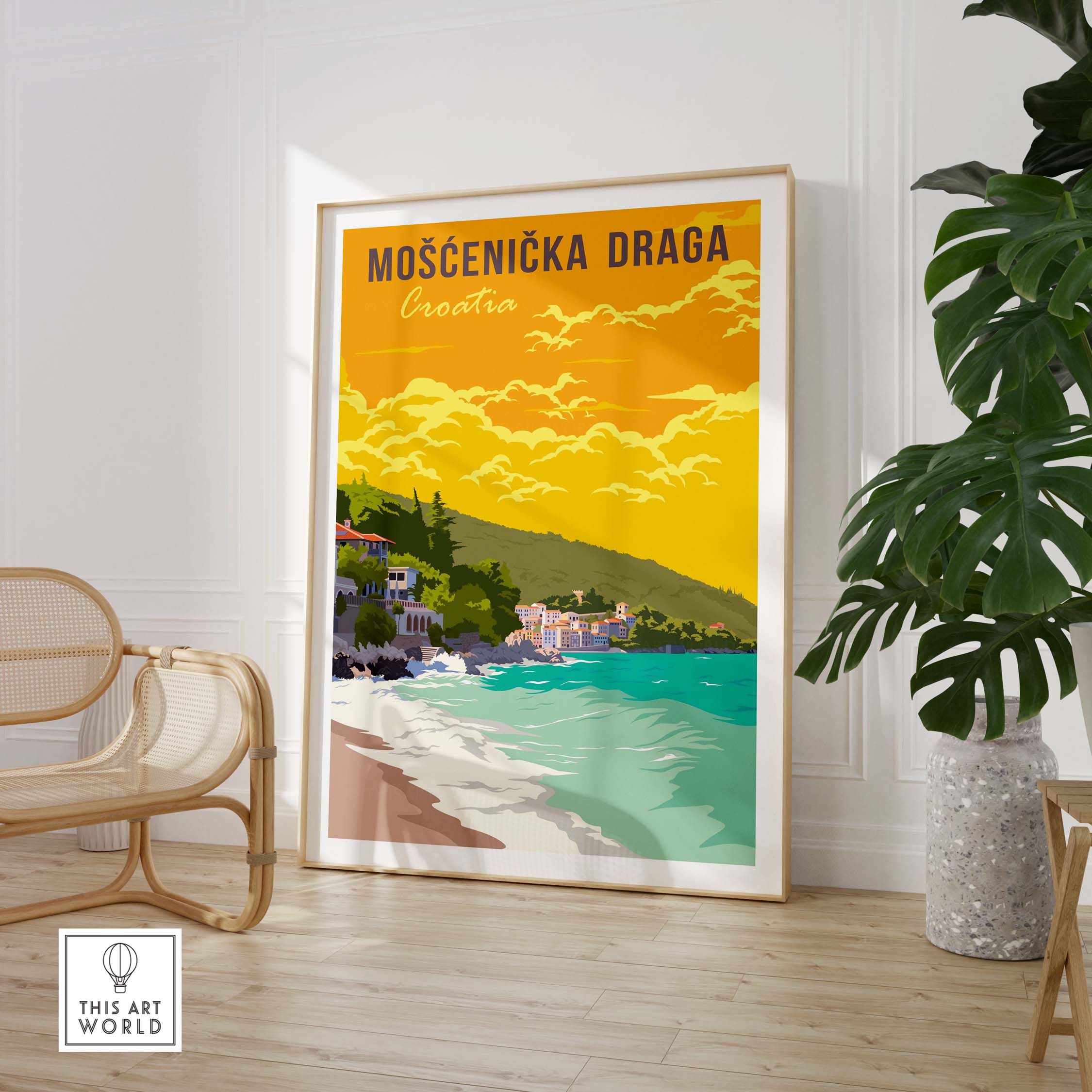 Mošćenička Draga Croatia poster print featuring vintage style beach scene with vibrant colors.