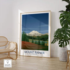 Mount Rainier National Park Art Print displayed in a modern interior with natural decor and minimalist design.