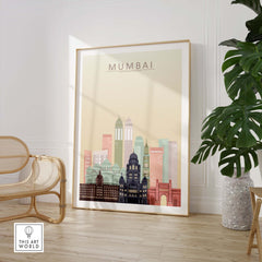 Mumbai Skyline Wall Art Print in pastel tones, framed, showcasing iconic architecture of the Indian city.