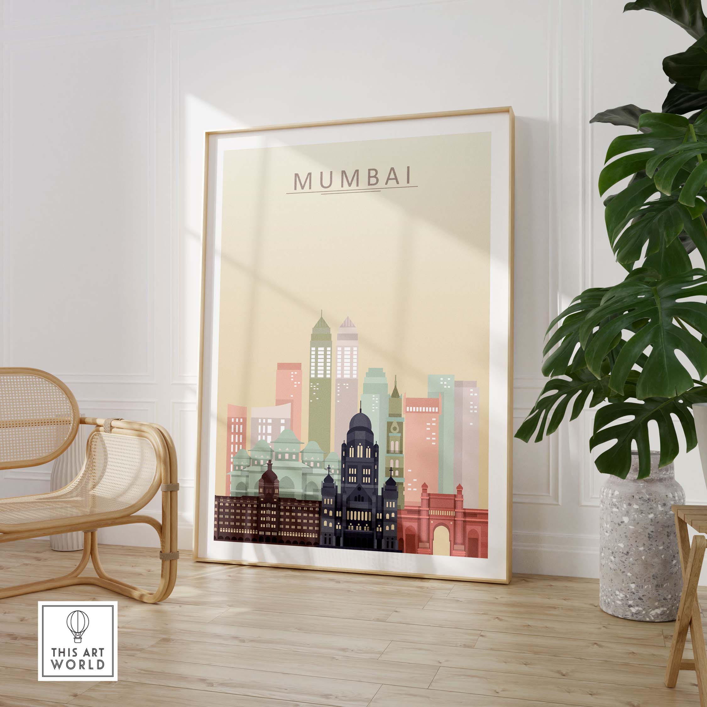 Mumbai Skyline Wall Art Print in pastel tones, framed, showcasing iconic architecture of the Indian city.